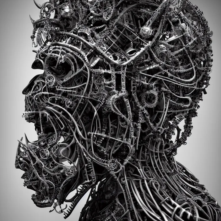 Prompt: surreal biomechanical spinal ribbed tribal organic face portrait of mechanical animal, beautiful detailed intricate insanely detailed BW 3D render digital art, octane render, 8K artistic photography, photorealistic