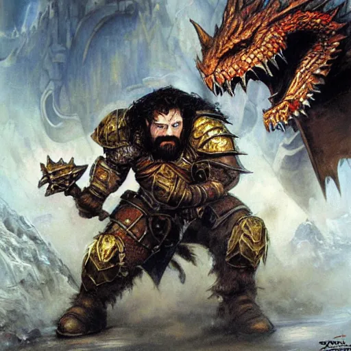 Prompt: Dwarven iron guard fighting a dragon. Thorin. The lord of the rings. Epic painting by james gurney.