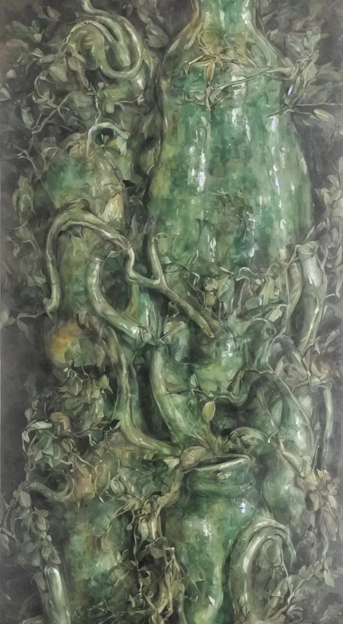 Image similar to a biomorphic ceramic still distilling eucalyptus into green oil, flowing, amphora, alchemical still, brush stroke, romantic painting