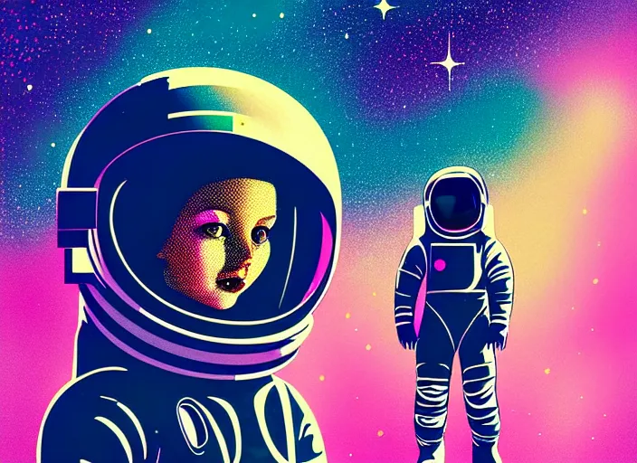 Prompt: portrait of a young astronaut girl on a spacewalk, colorful, modern art deco, mads berg, karolis strautniekas, stippled light, fine texture, editorial illustration, dramatic lighting, dynamic composition, detailed, matte print