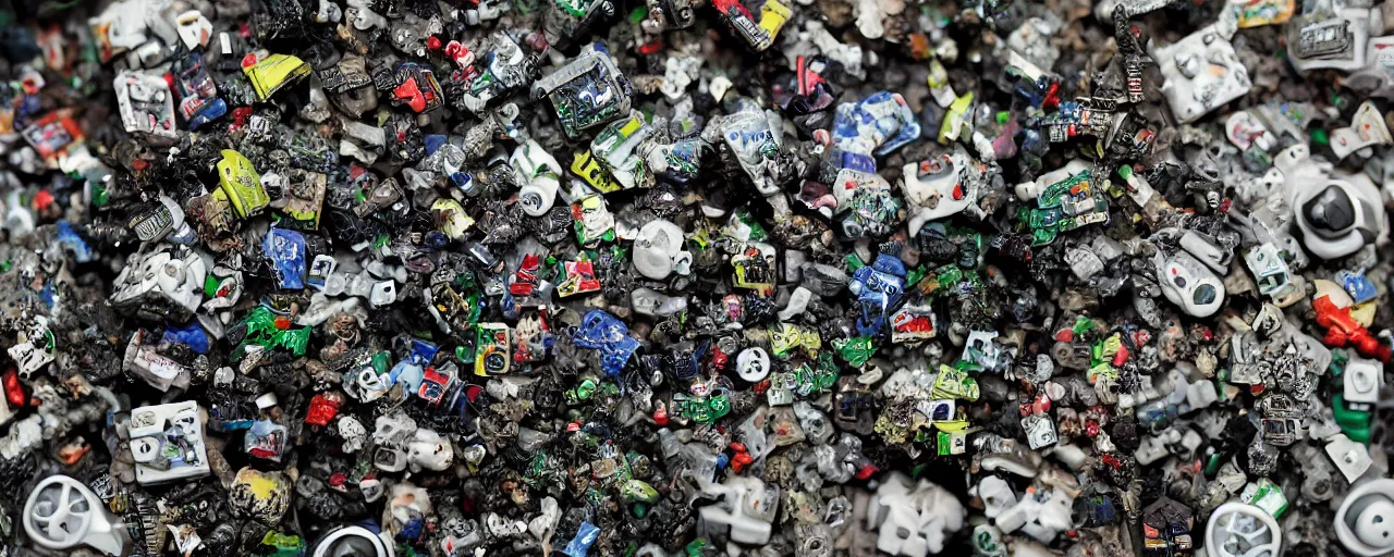 Image similar to a close up of a piece of plastiglomerate made from warhammer figures and xbox controllers, photographic, highly detailed