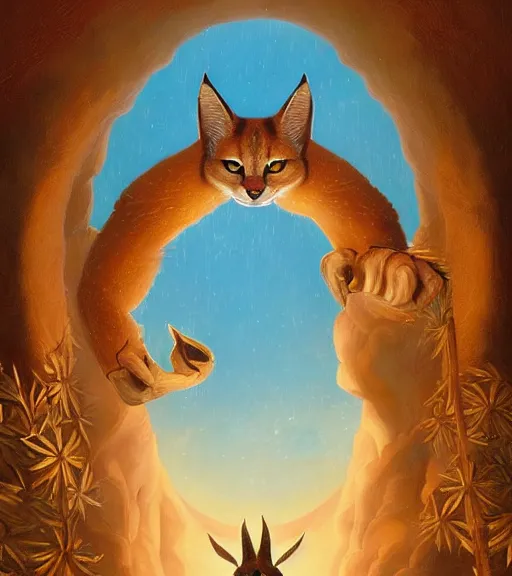 Image similar to closeup of anthropomorphic caracal in vr in golden clothes in orthodox church with orthodox icons, darkness noir surreal, art by loish rhads ferdinand knab lois van baarle tom bagshaw, global illumination, radiant light, highly detailed, octane render, 8 k