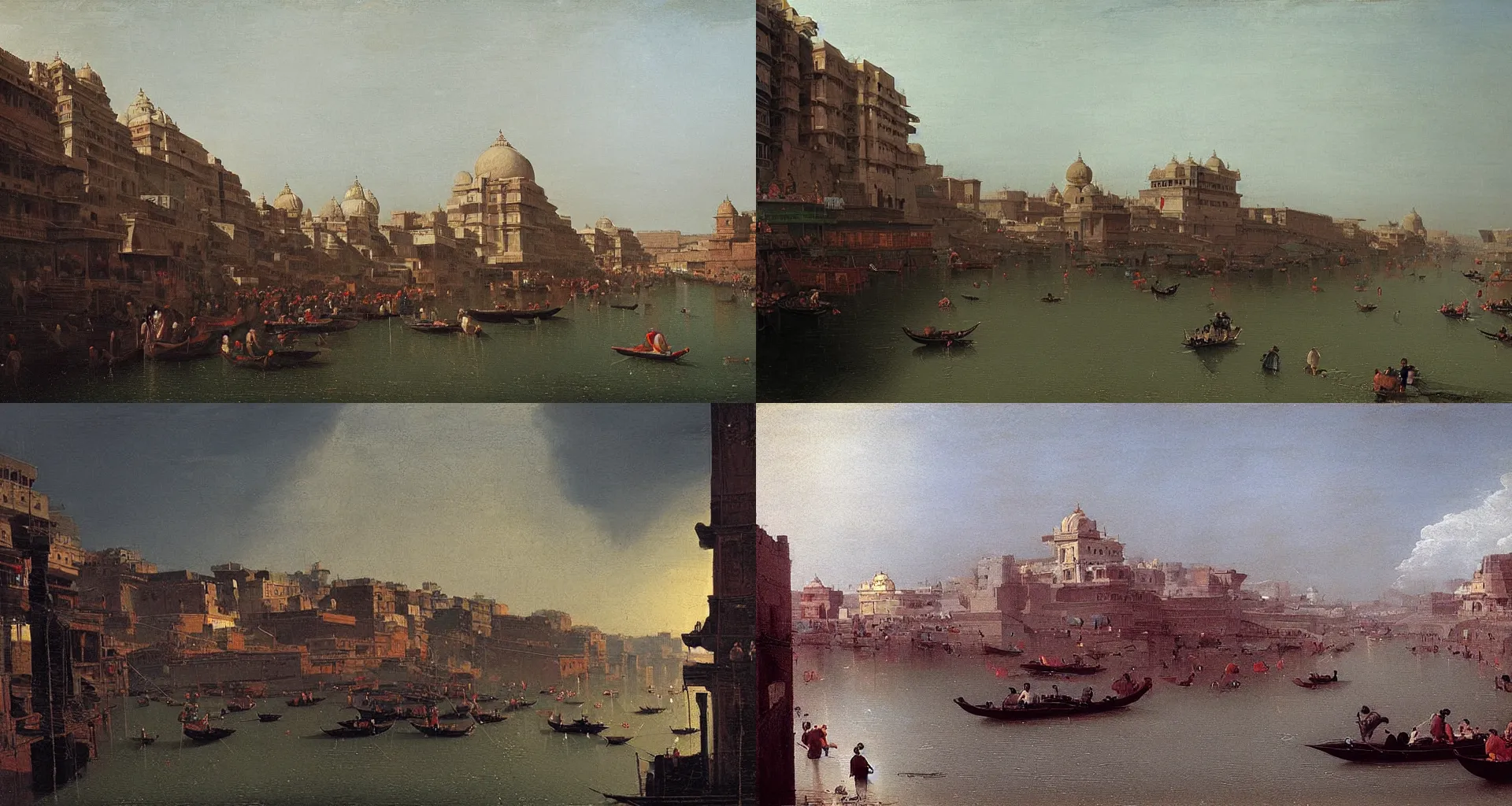 Prompt: The ghats of Varanasi on a monsoon midnight in the 24th century, by Canaletto, trending on ArtStation, masterpiece