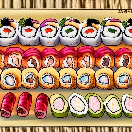 Prompt: illustration of philadelphia roll sushi, in traditional japan style, by makoto shinkai and takashi takeuchi