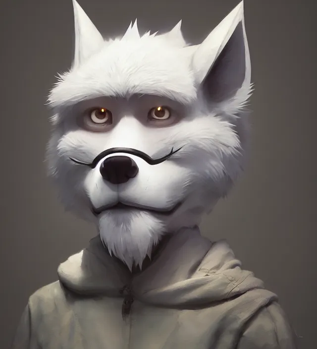 Image similar to a beautiful fullbody portrait of a cute male anthropomorph white wolf wearing a kigurumi. character design by cory loftis, fenghua zhong, ryohei hase, ismail inceoglu and ruan jia. artstation, volumetric light, detailed, photorealistic, rendered in octane