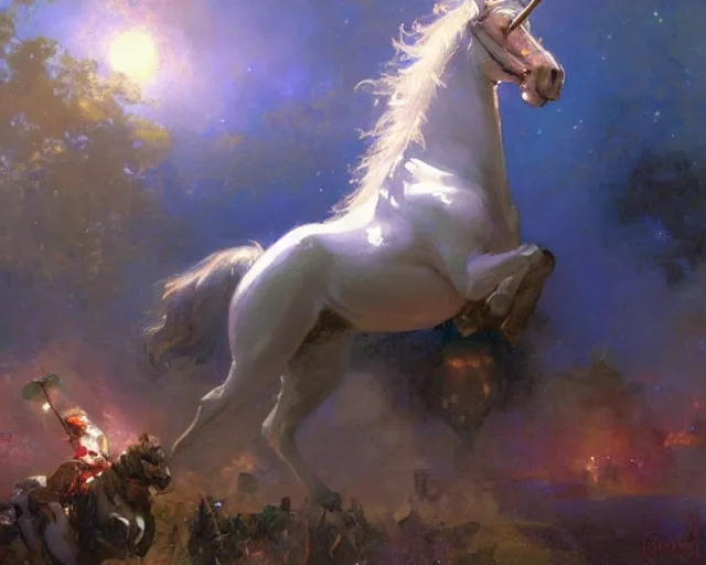 Image similar to rider on a unicorn through the dark, painting by gaston bussiere, craig mullins, j. c. leyendecker