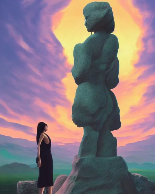 Prompt: a painting of a real woman standing in front of a huge stone statue, a screenshot by stanley twardowicz, cgsociety, aestheticism, aesthetic, vaporwave, anime aesthetic