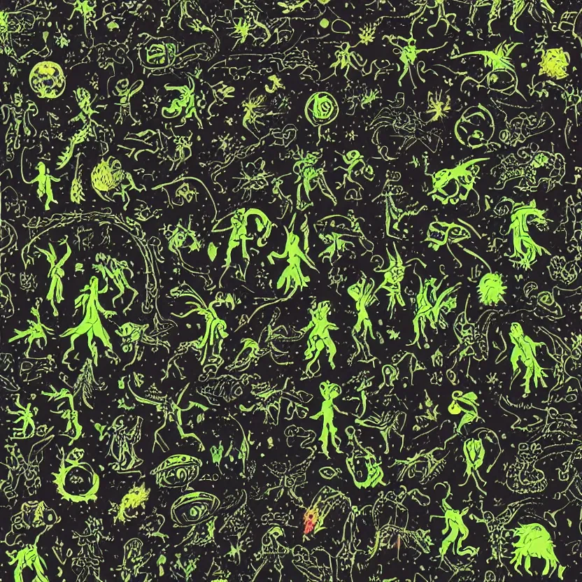Image similar to extraterrestrial sprites, fairies, and dinosaurs. pulp science fiction. dark background