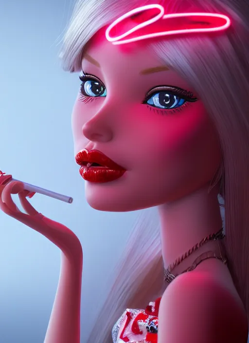 Image similar to barbie doll smoking, fluent composition, red and white neon, concept art, ambient light, 4 k, intricate details, highly professionally detailed, cgsociety, highly detailed -