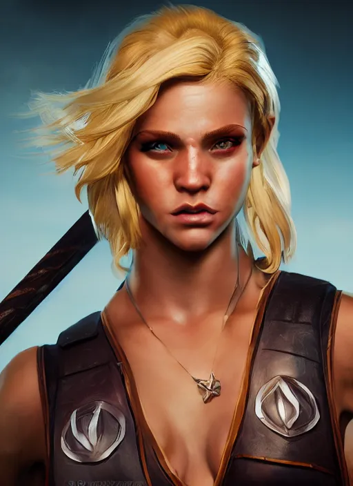 Image similar to An epic fantasy comic book style portrait painting of an athletic female thief with blonde hair dancing, unreal 5, DAZ, hyperrealistic, octane render, cosplay, RPG portrait, dynamic lighting, high detail