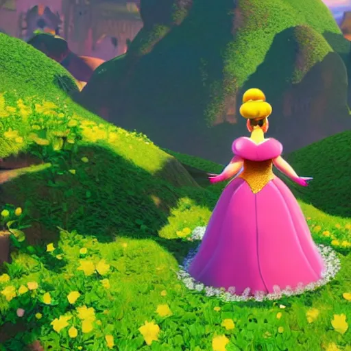 Image similar to an in-game screenshot of Adele as Princess Peach in Super Mario Odyssey