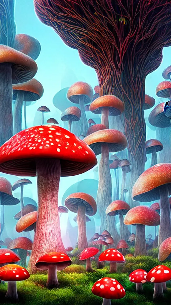 Prompt: a single centered magnificent mushroom skyscraper hotel, heavily populated and full of life, red mushroom with white spots, mushroom fairy forest, unreal engine 5, immense sense of scale, digital art, by beeple, by noriyoshi ohrai, trending on artstation