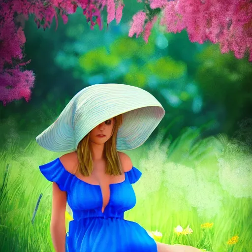 Prompt: blonde girl in a blue dress and a sun hat sitting barefoot in a garden, hyperdetailed, cinematic, kinemacolor, artstation, photorealistic, beautiful 8 k