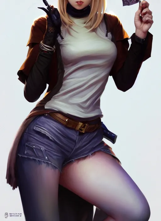 Image similar to portrait of a full body of beautiful young female detective, d & d, sleeveless turtleneck, fantasy, flat lighting, intricate, highly detailed, digital painting, artstation, concept art, smooth, sharp focus, illustration, misa amane, art by simon bisley and greg rutkowski and alphonse mucha, natural tpose