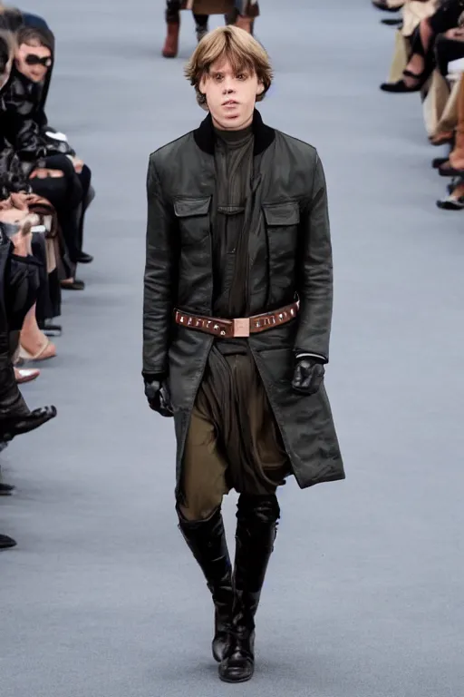 Image similar to 2 3 year old luke skywalker models for chanel, on the runway, fashion photoshoot, full body, chanel boots, chic, beautiful color grading, confident, highly detailed, beautiful photo