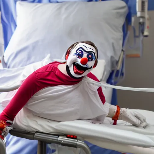 Image similar to confused laughing clown lying in hospital bed with wrist restraints on, restraint fabric straps attached to hospital bed, photograph, 8 k