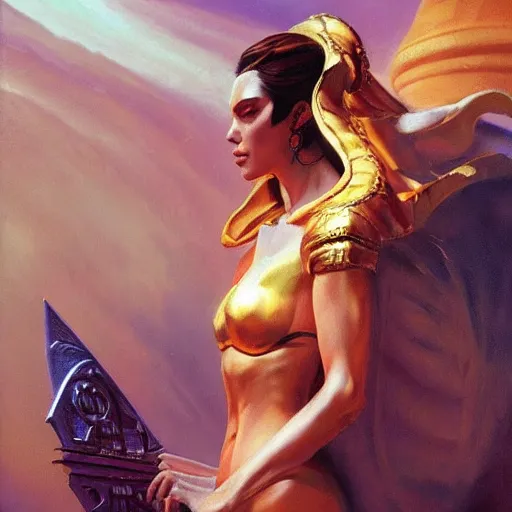 Image similar to seductive, clothed science fiction byzantine noble, by boris vallejo and greg rutkowski