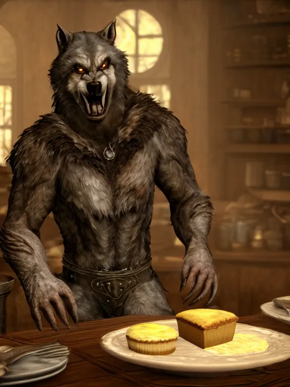 Image similar to cute handsome cuddly burly surly relaxed calm timid werewolf from van helsing sitting down at the breakfast table in the kitchen of a normal suburban home having fun baking strawberry tart cakes unreal engine hyperreallistic render 8k character concept art masterpiece screenshot from the video game the Elder Scrolls V: Skyrim