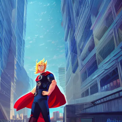 Image similar to ⁠portrait of Thor , Karachi skyline background, rich vivid colors, ambient lighting, dynamic lighting, 4k, HQ, official media, anime key visual, makoto shinkai, ilya kuvshinov, lois van baarle, rossdraws, detailed, trending on artstation