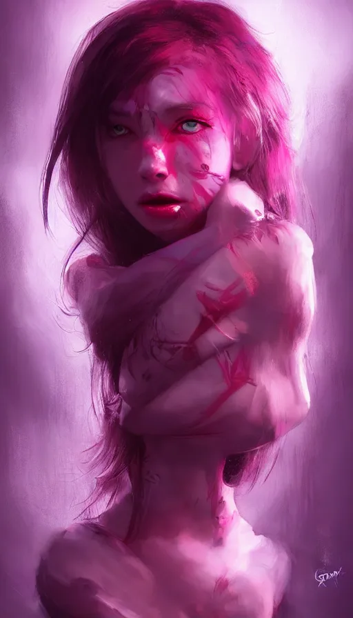 Image similar to shot of blaise girl with pouty aerochrome ( ( ( lips ) ) ), powerful, adorable, expressive eyes, big evil grin, kawaii playful pose of a dancer, greg rutkowski, charlie bowater, yuumei, stephen gammell, unreal 5, daz, hyperrealistic, dark, dynamic lighting, fantasy art, beautiful face