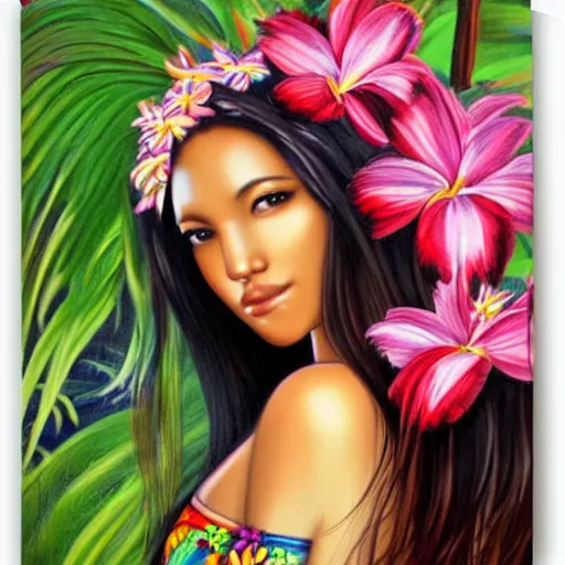 Prompt: portrait of a beautiful hawaiian girl, palm trees, flowers by anne stokes