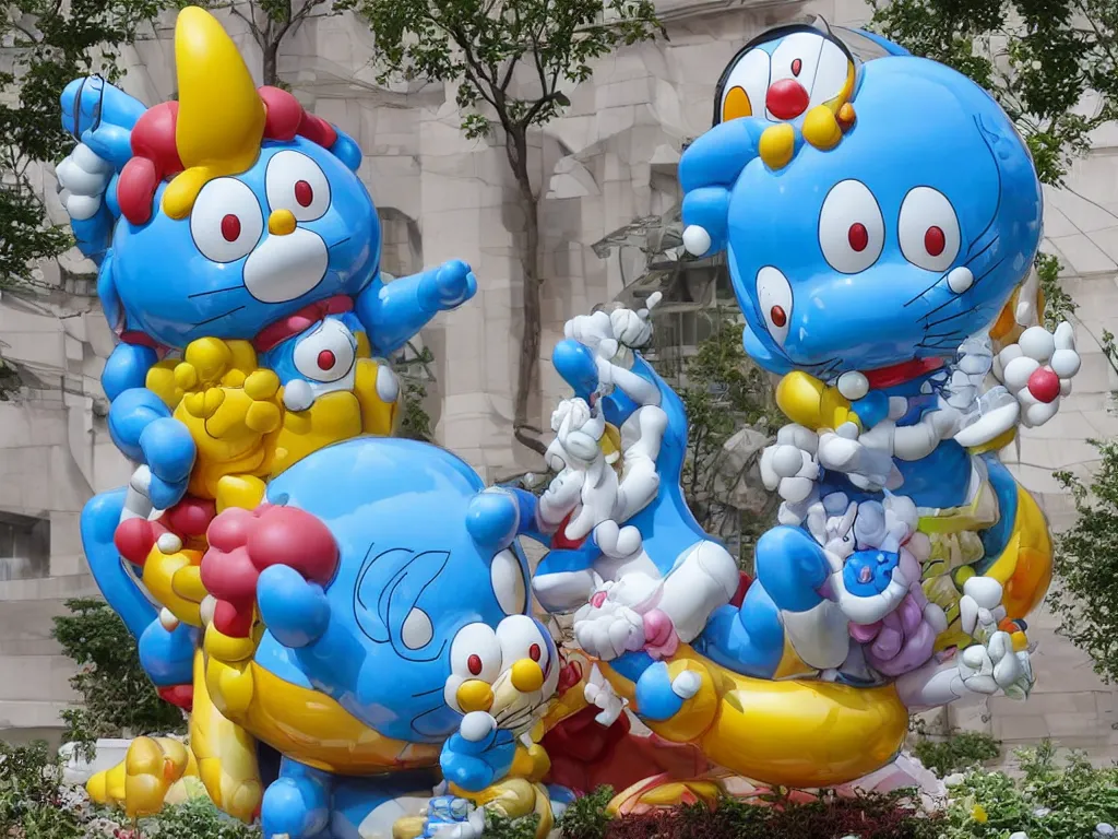 Prompt: Jeff Koons Doraemon Dorami Fractal Dragon statue, in the style of Hajime Sorayama