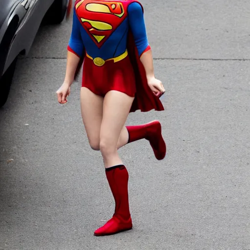 Image similar to emma watson in a superman costume doing a split