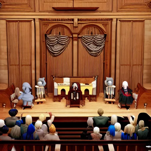 Prompt: the council of fumo plush convenes to judge your sins, lit from below, dramatic courtroom image, anime girls, vray