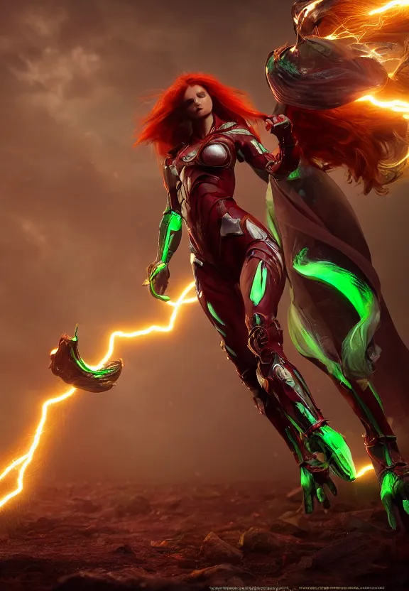 Prompt: vfx, octane render, zbrush, one beautiful anatomically correct woman, wearing spandex armour with flowing red hair and green eyes, super hero full body, walking towards the camera, volumetric lightning, highly detailed, concept art, art station, center of picture.