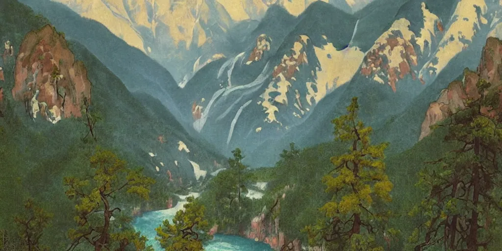 Image similar to art by abbott fuller graves of the cinematic view of the jiuzhaigou valley forest