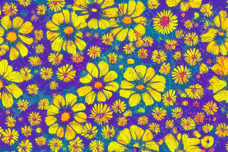 Image similar to in the style of neurographic drawing of a field of flowers