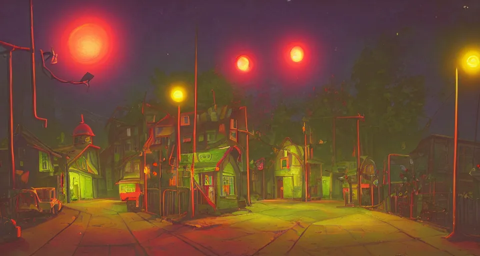 Prompt: a quaint suburban street at night with maschinen krieger, warm saturated colors, inspired by art of simon stalenhag