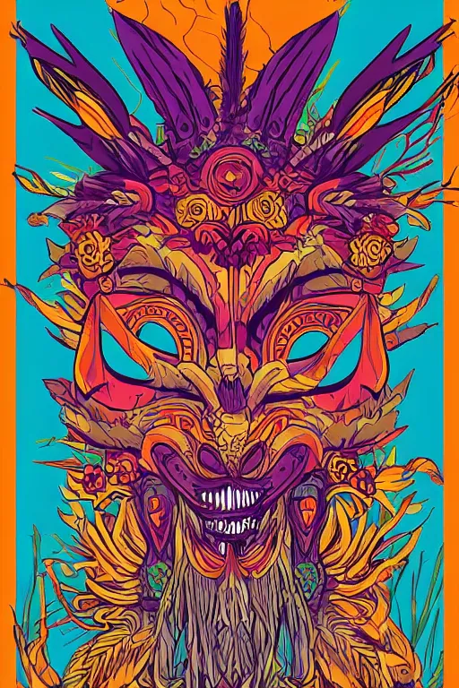 Image similar to animal mask totem roots flower tribal feather gemstone plant wood rock shaman vodoo video game vector cutout illustration vivid multicolor borderlands comics by josan gonzales and dan mumford radiating a glowing aura