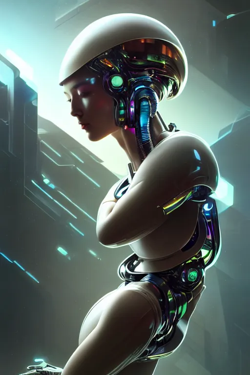 Prompt: ultra detailed, the creation of a female android, sci - fi, triadic color scheme, eerie, cyborg, cyberpunk, fantasy, triadic color scheme, octane render, matte painting, asymmetrical, intricate concept art, triadic color scheme, art by artgerm and michelangelo and dzo and greg rutkowski and alphonse mucha and wlop