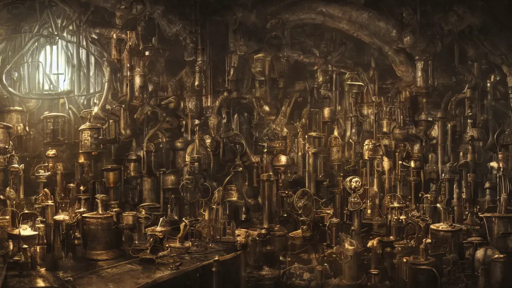 Prompt: dark wizards laboratory, ancient midevil, many tubes connecting many beakers, bronze steril feeling, realistic cinematic lighting, establishing action shot, ultra detailed, hyper realism, photo, octane render