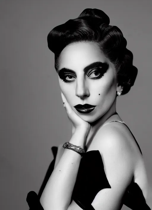 Image similar to lady gaga styled by george hurrell, old hollywood, vintage, photohoot, set pieces, intricate set, canon, highly realistic. high resolution. highly detailed. dramatic. 8 k. 4 k.