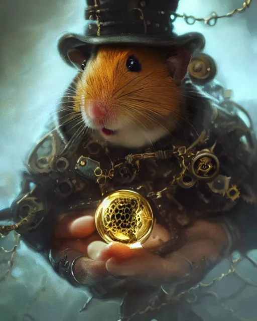 Image similar to oil painting of anthropomorphized hamster holding shiny gem, steampunk clothes, close shot, full body, dark steampunk mine shaft background, sharp focus, fantasy style, octane render, volumetric lighting, 8k high definition, by greg rutkowski, highly detailed, trending on art Station, dungeons and dragons artwork, centered