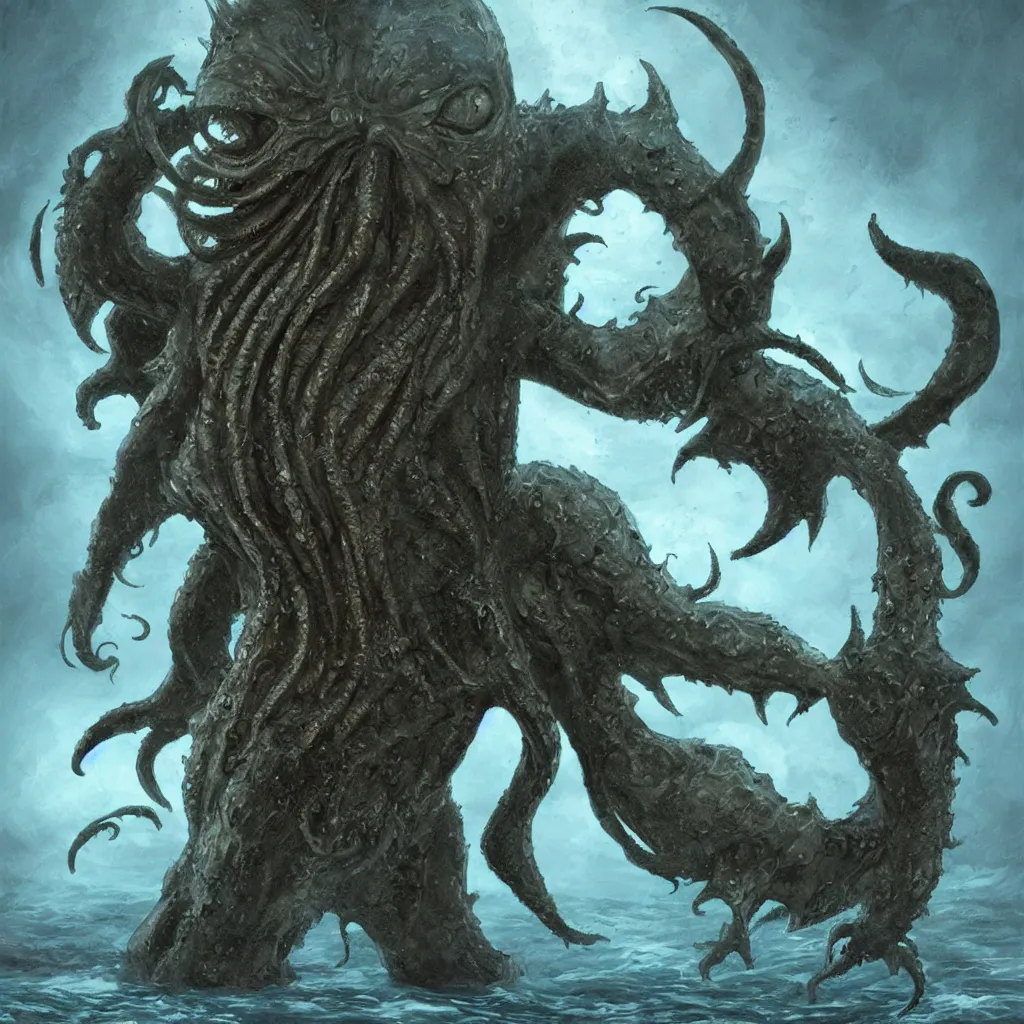 Prompt: enormus humanoid coming out of the ocean. water hip deep, white rubbery skin. cthulhu. concept art, dnd, cinematic