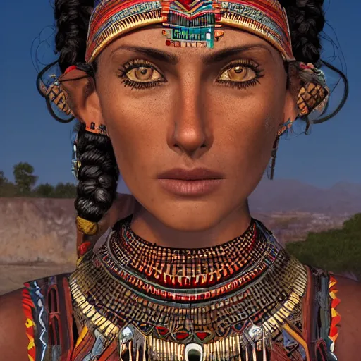 Image similar to a portrait of an aztec female, dark eyes, dark hair, olive skin, depth of field, zeiss lens, detailed, centered, artstation, by Annie Leibovitz and Steve McCurry, David Lazar, Jimmy Nelsson, Breathtaking, 8k resolution, extremely detailed, beautiful, establishing shot, artistic, hyperrealistic, beautiful face, octane render