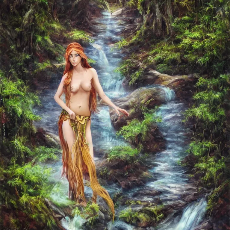 Image similar to light oil painting of a high fantasy beautiful elf goddess in a forest with a stream running down the middle