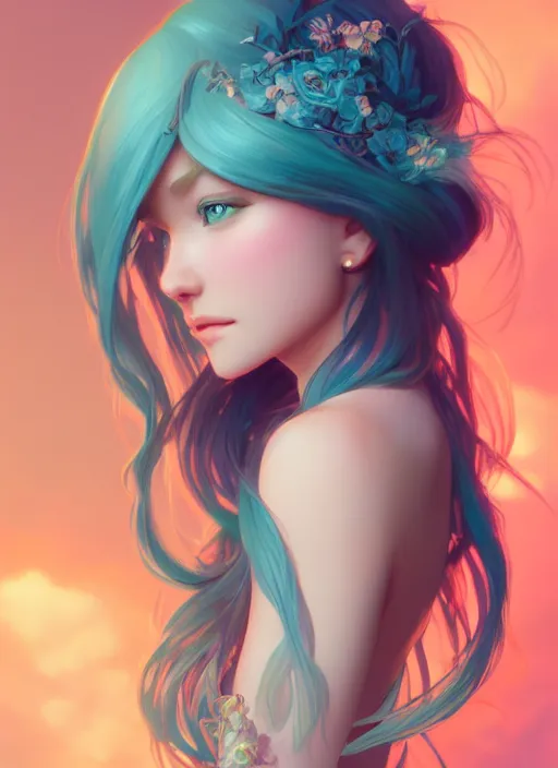Image similar to beautiful girl with long turqoise hair, cute, intricate, highly detailed, digital painting, trending on artstation, concept art, smooth, sharp focus, backlit, rim light, illustration, unreal engine 5, 8 k, art by rossdraws and alphonse mucha