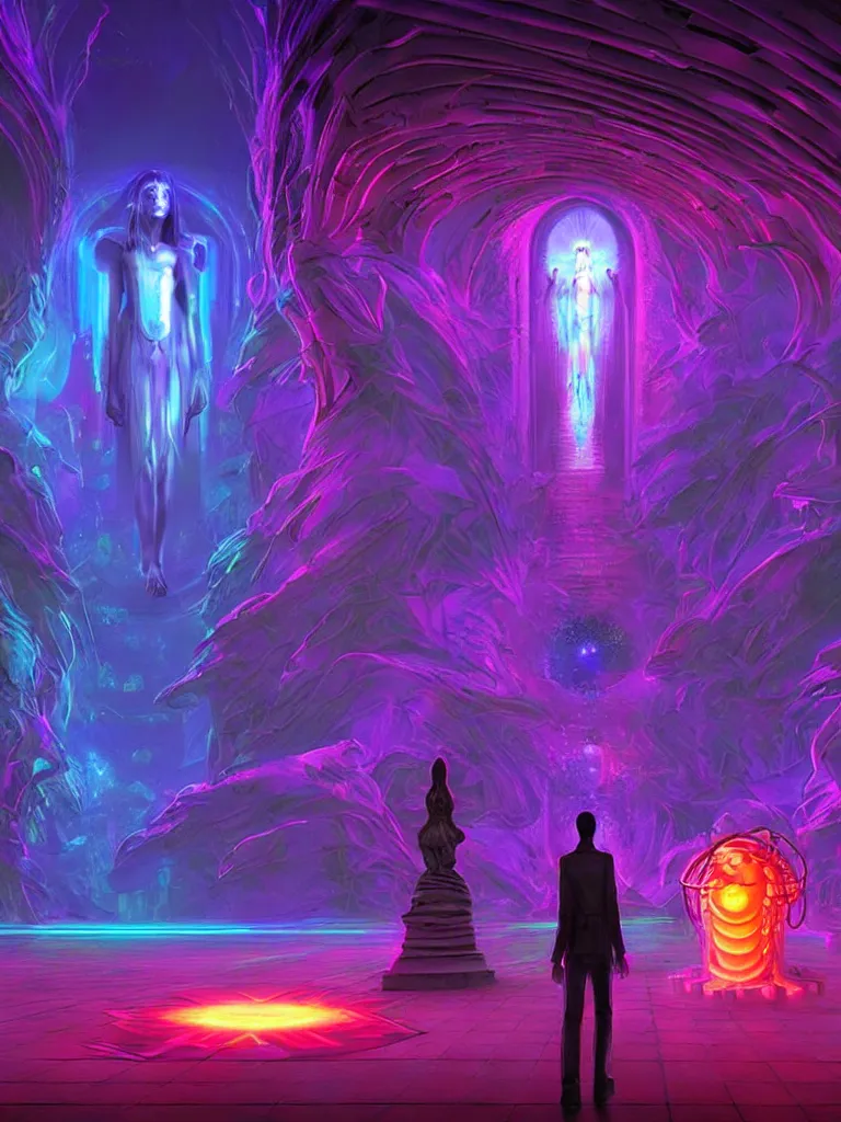 Image similar to entrance to matrix ethereal realm, shiva sentient, rendered in unreal engine, central composition, symmetrical composition, dreamy colorful cyberpunk colors, 6 point perspective, fantasy landscape with anthropomorphic terrain in the styles of igor morski, jim warren and rob gonsalves, intricate, hyperrealistic, volumetric lighting, neon ambiance, distinct horizon