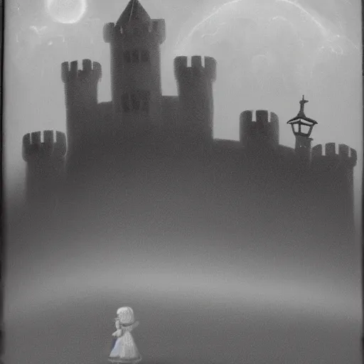 Image similar to a dark vallcy with a huge gloomy castle, fog. a little boy and a black cat