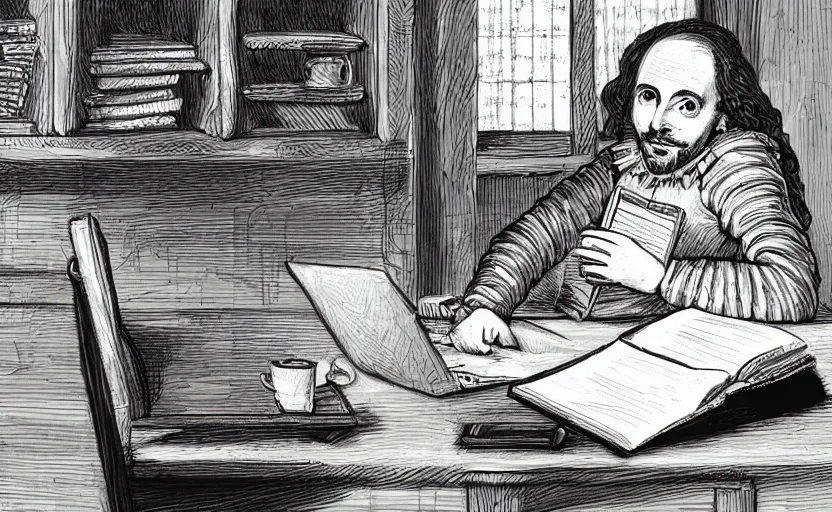 Prompt: William Shakespeare using a MacBook in a Starbucks, 8k, digital art