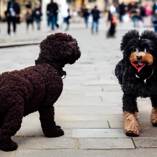 Prompt: black miniature poodle and brown yorskshire terrier best friends walking through london 35mm 4k IMAX sharp focus