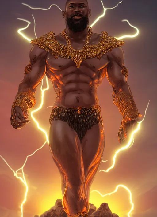 Prompt: a highly detailed illustration of bearded short haired fade african god of lightning, wearing gold chains on neck and arms, evil summoning lightning pose, moonlit clouds background, muscular, intricate, elegant, highly detailed, centered, digital painting, artstation, concept art, smooth, sharp focus, league of legends concept art, WLOP