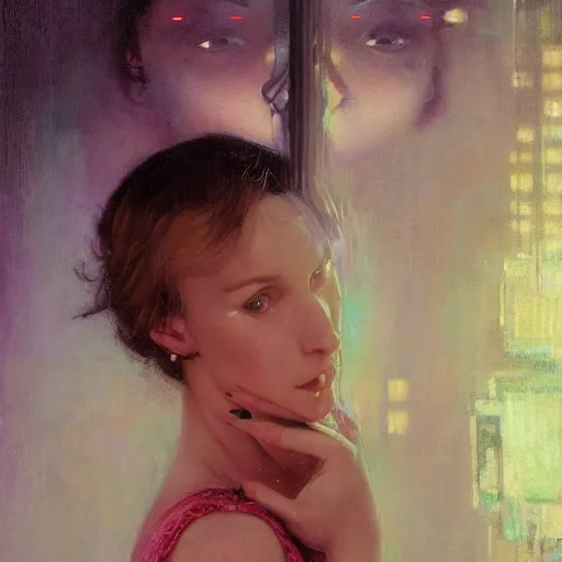 Image similar to detailed portrait of a woman, moment, cyberpunk cloisters, electronic billboards, tech noir, wet reflections, atmospheric, ambient, wlop, livia prima, greg rutkowski, george tooker, gil elvgren, norman rockwell, alexis flower, hopper, mucha, whistler, norman rockwell, peter max,