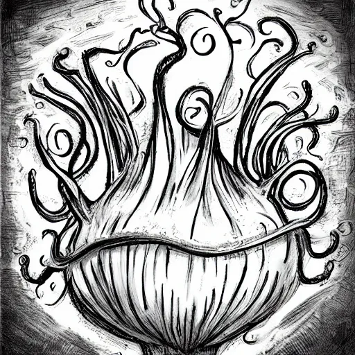 Prompt: Lovecraftian Giant Onion worshipped by a cult, digital art