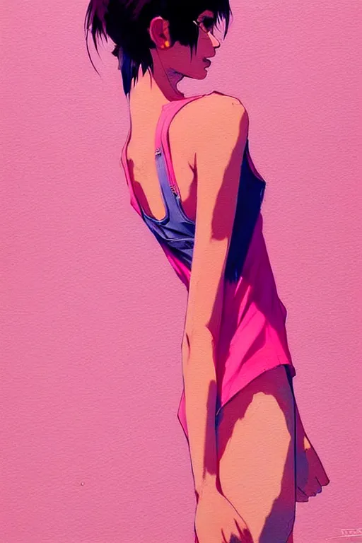 Image similar to a ultradetailed beautiful painting of a stylish woman in a pink tank top, by conrad roset, greg rutkowski and makoto shinkai trending on artstation