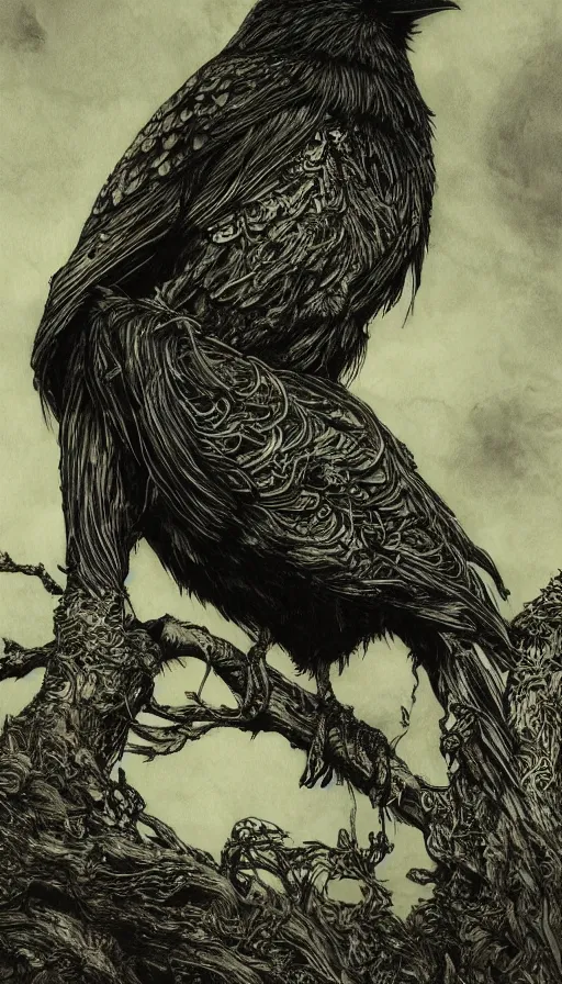 Image similar to book cover art, detailed close-up portrait of crow on a tree in front of the full big moon, dramatic lighting, cinematic, establishing shot, extremely high detail, foto realistic, cinematic lighting, pen and ink, intricate line drawings, by Yoshitaka Amano, Ruan Jia, Kentaro Miura, Artgerm, post processed, concept art, artstation, matte painting, style by eddie mendoza, raphael lacoste, alex ross